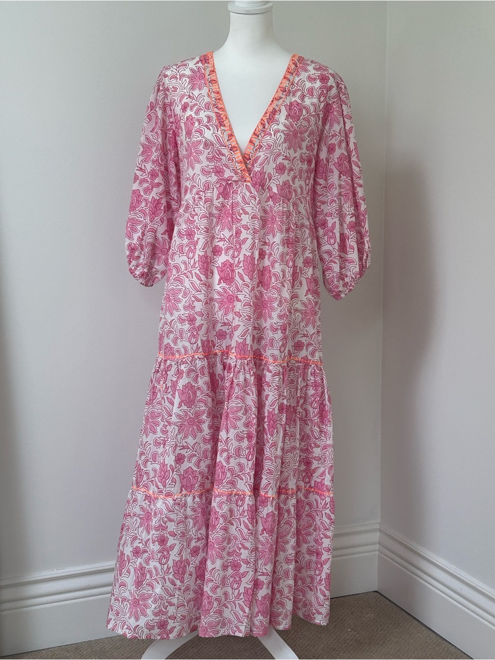 100% COTTON! Pink Printed V-Neck Maxi Dress Caftan